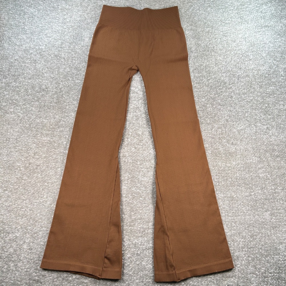 OQQ Flare Leggings Ribbed Seamless High Waist L Chocolate Brown Yoga Pants